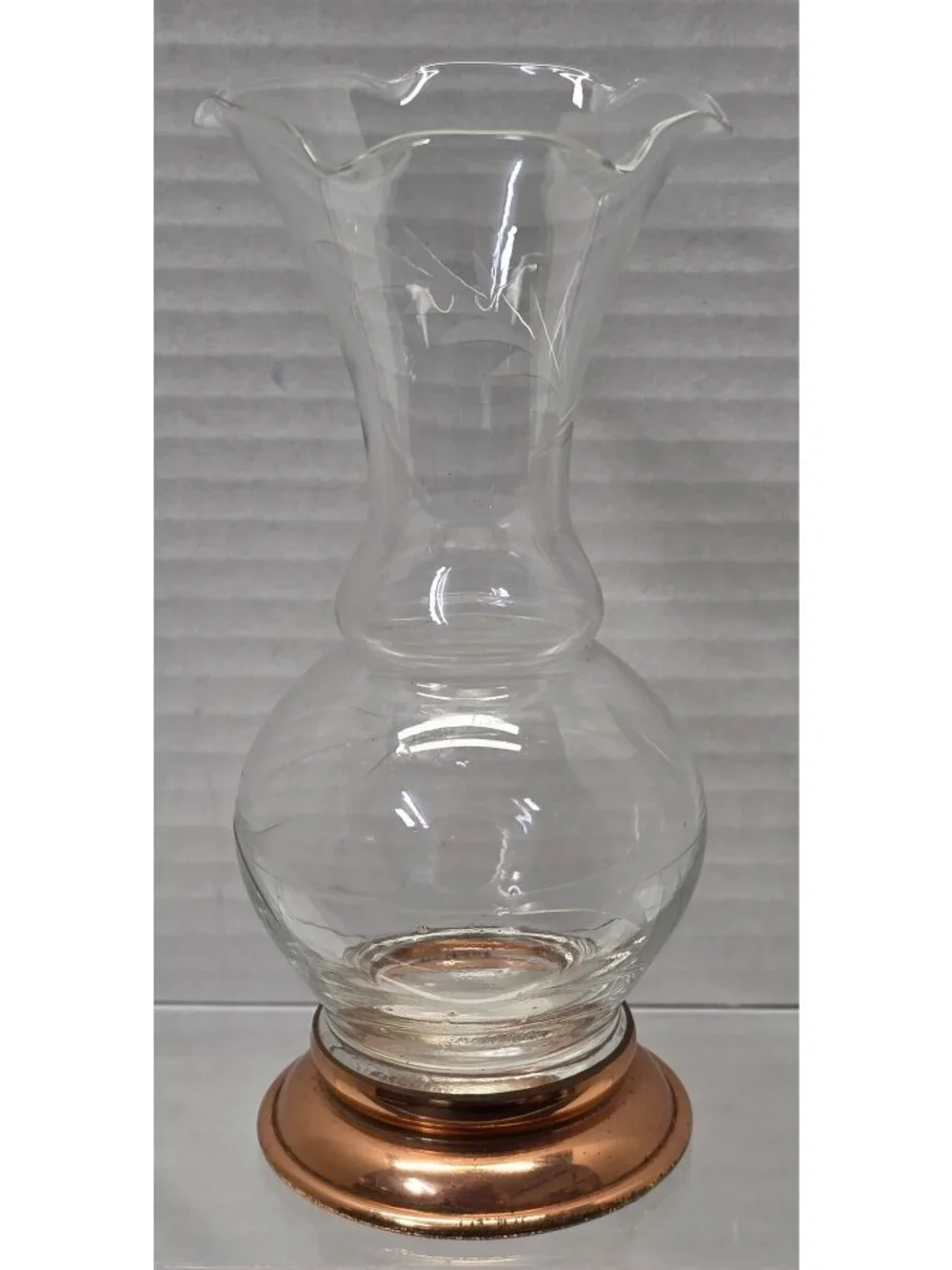 Vintage Clear Glass Bud Vase Ruffled Rim Etched Leaf Copper Tone Base 6
